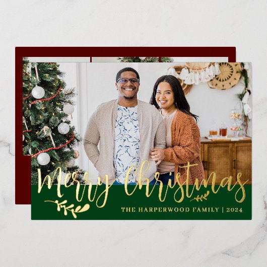 エレガントモダンChristmas Family Photo Collage 箔シーズンカード (正面/裏面)