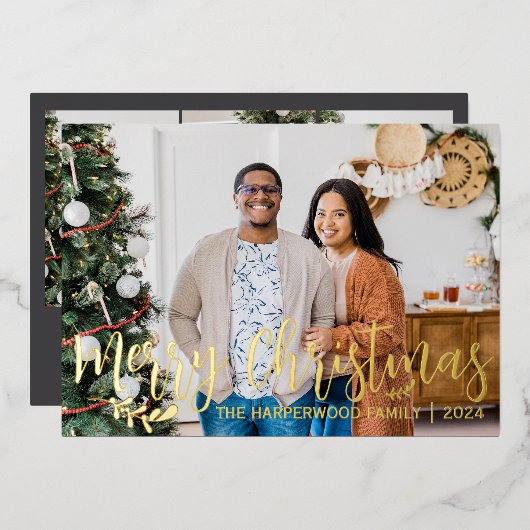 エレガントモダンChristmas Family Photo Collage 箔シーズンカード (正面/裏面)