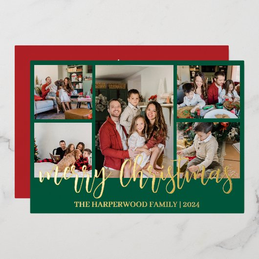 エレガントモダンChristmas Family Photo Collage 箔シーズンカード (正面/裏面)