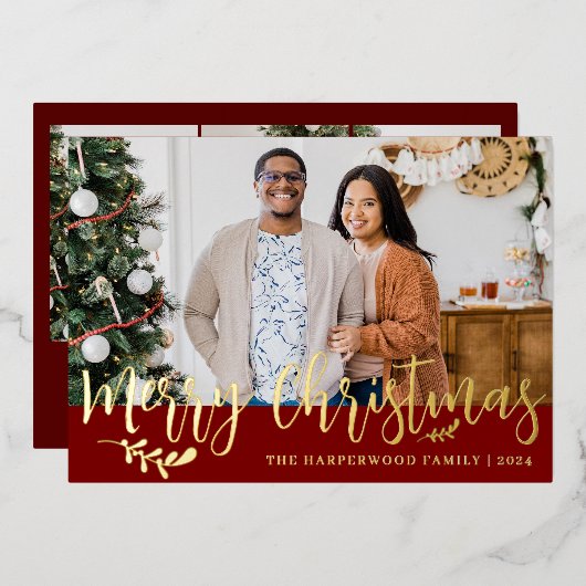 エレガントモダンChristmas Family Photo Collage 箔シーズンカード (正面/裏面)