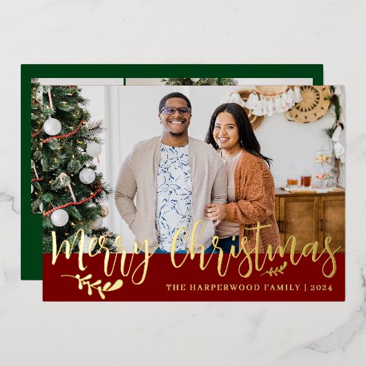 エレガントモダンChristmas Family Photo Collage 箔シーズンカード (正面/裏面)