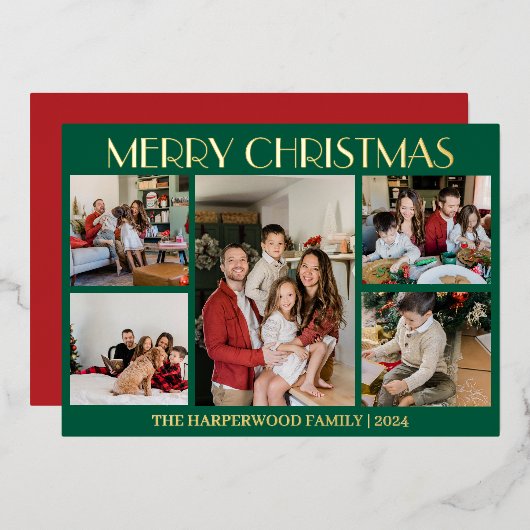 エレガントモダンChristmas Family Photo Collage 箔シーズンカード (正面/裏面)