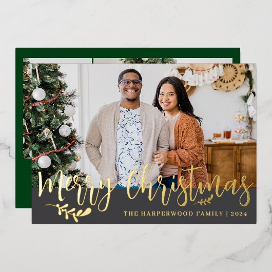 エレガントモダンChristmas Family Photo Collage 箔シーズンカード (正面/裏面)