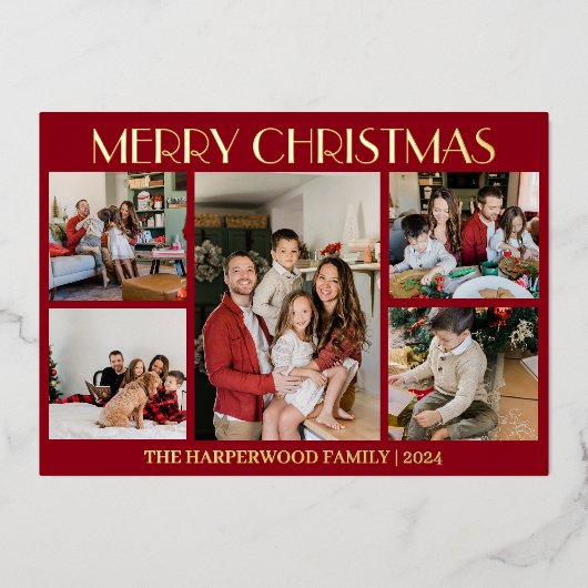 エレガントモダンChristmas Family Photo Collage 箔シーズンカード (正面)