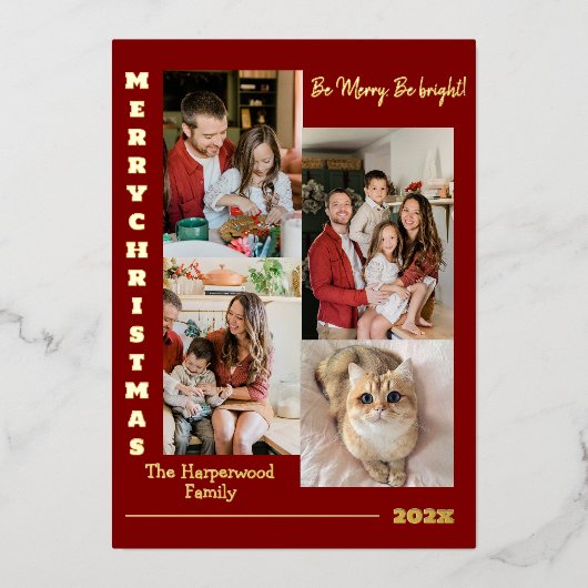 エレガントモダンChristmas Family Photo Collage 箔シーズンカード (正面)