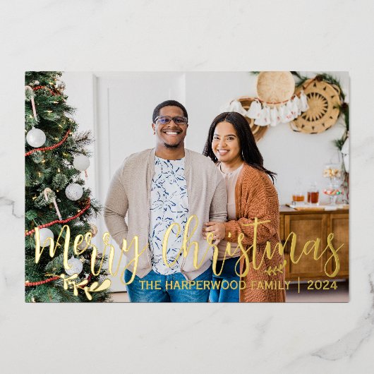 エレガントモダンChristmas Family Photo Collage 箔シーズンカード (正面)