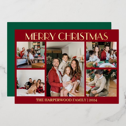 エレガントモダンChristmas Family Photo Collage 箔シーズンカード (正面/裏面)