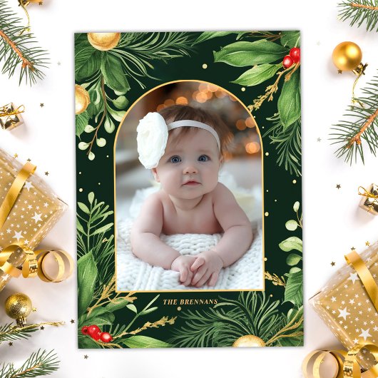 エレガントモダンChristmas Photo Botanical Greenery シーズンカード