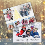 エレガントモダンChristmas Photo Collage金ゴールド 箔シーズンカード<br><div class="desc">この休日の写真コラージュカードのカバーは、金ゴールドフォイルのクリスマスツリーにアンカーされた最も幸せな家族の写真の実在6の場所を持っている。の名前に加えて、家族の別の写真を背中に追加カスタマイズし、受信者が喜んでおもしろいであるシーズンを望む。</div>