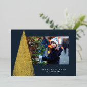 エレガントモダンChristmas tree one photo navy金ゴールド 箔シーズンカード (立ち正面)