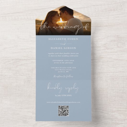 エレガントモダンDusty Blue QRコード結婚の写真 オールインワン招待状 (内側)