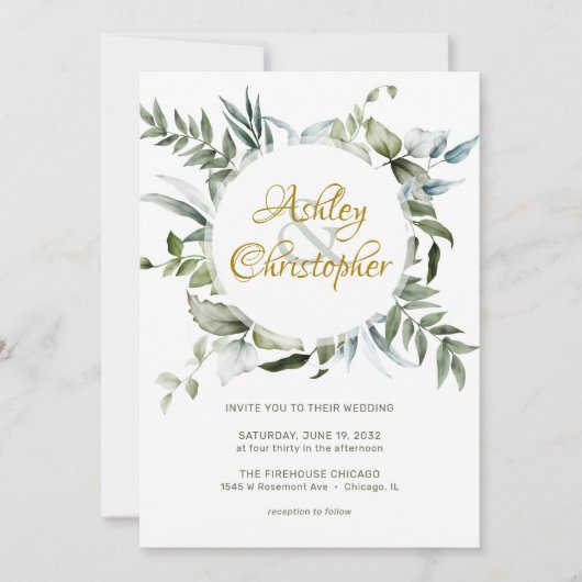 エレガントモダンGreenery結婚 Scriptの 招待状 (正面)