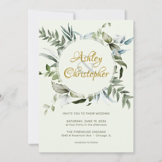 エレガントモダンGreenery結婚 Scriptの 招待状 (正面)