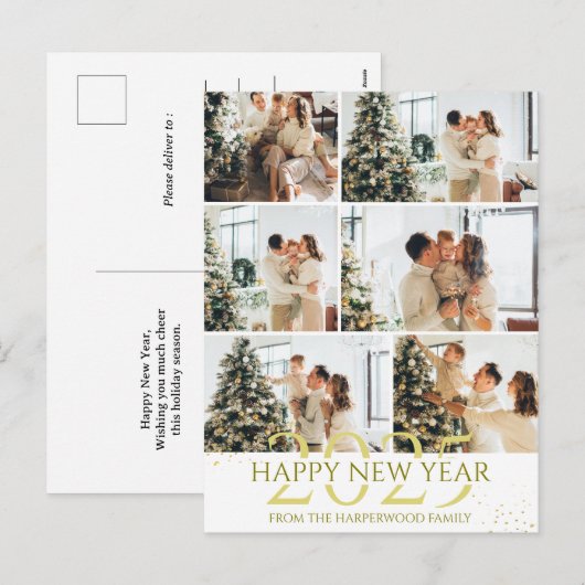 エレガントモダンHappy New Year Photo Collage シーズンポストカード (正面/裏面)