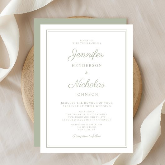 エレガントモダンSage Green結婚 Script 招待状