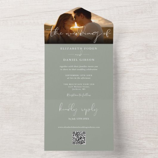 エレガントモダンSage Green QRコードの結婚写真 オールインワン招待状 (内側)