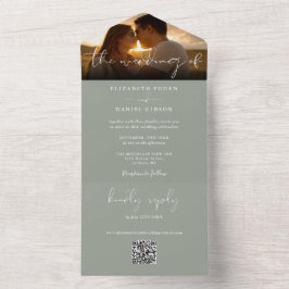 エレガントモダンSage Green QRコードの結婚写真 オールインワン招待状