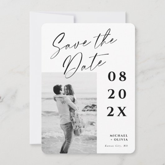 エレガントモダンScript Photo Wedding日付の保存 セーブザデート (正面)