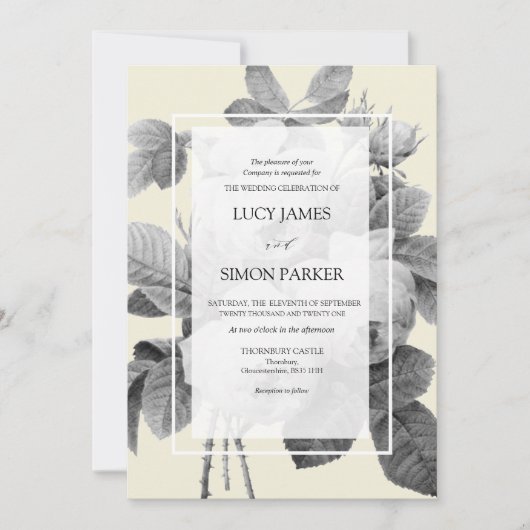 エレガントモノクロフランスのヴィンテージバラ 招待状 (正面)