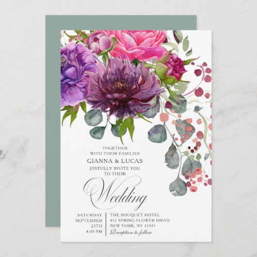 エレガントモノクロ水彩フローラ結婚の 招待状 (正面/裏面)