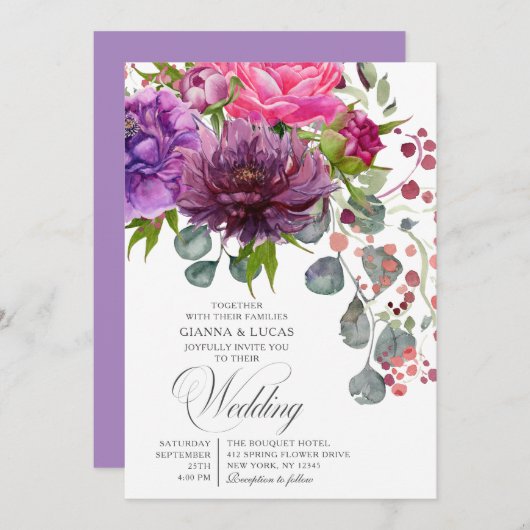 エレガントモノクロ水彩フローラ結婚の 招待状 (正面/裏面)