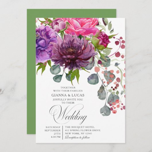 エレガントモノクロ水彩フローラ結婚の 招待状 (正面/裏面)