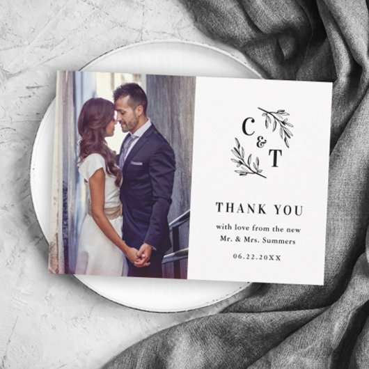 エレガントモノクロ結婚写真 サンキューカード