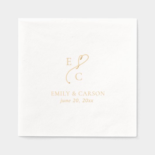 エレガントモノグラムのなウェディングロゴ名日付金ゴールド 箔ナプキン (正面)