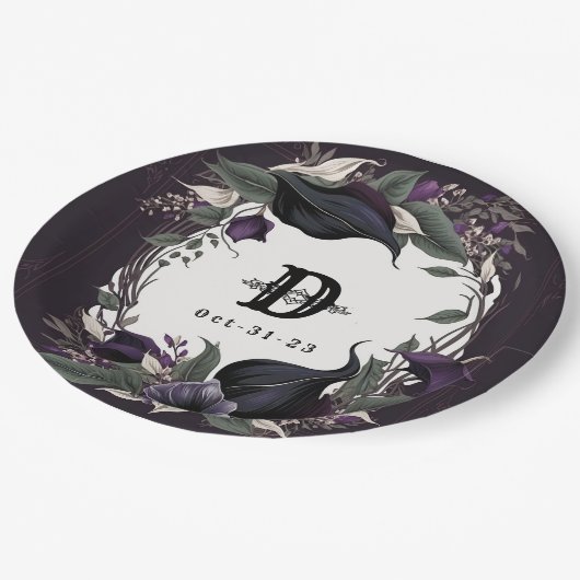 エレガントモノグラムのゴシック結婚ス ペーパープレート (アングル)