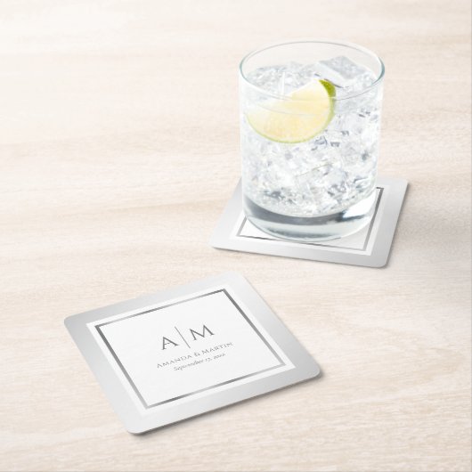 エレガントモノグラムのシルバー結婚ズ スクエアペーパーコースター (インサイチュ)