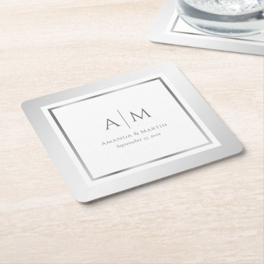 エレガントモノグラムのシルバー結婚ズ スクエアペーパーコースター (アングル)