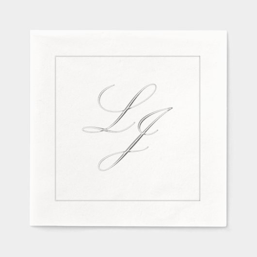エレガントモノグラムのシンプルScript結婚's Silver 箔ナプキン (正面)