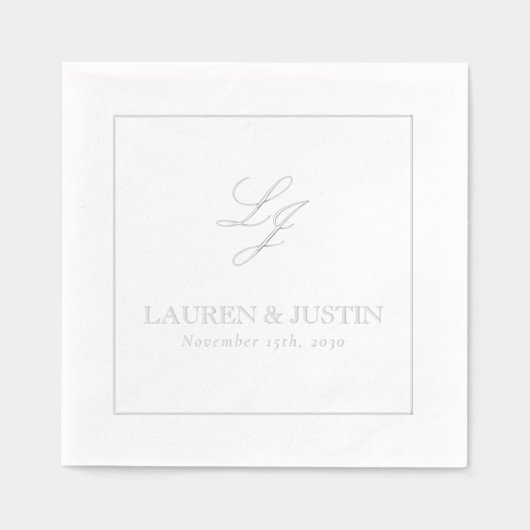 エレガントモノグラムのシンプルScript結婚's Silver 箔ナプキン (正面)