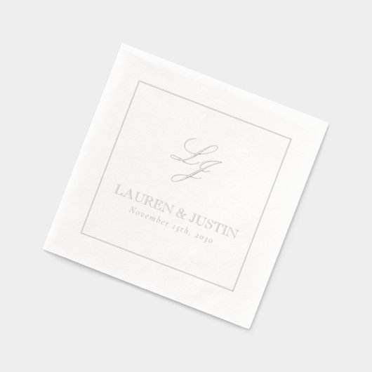 エレガントモノグラムのシンプルScript結婚's Silver 箔ナプキン (左)