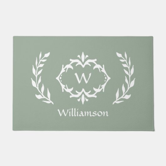 エレガントモノグラムのモダンリースシックセージグリーン ドアマット (正面)