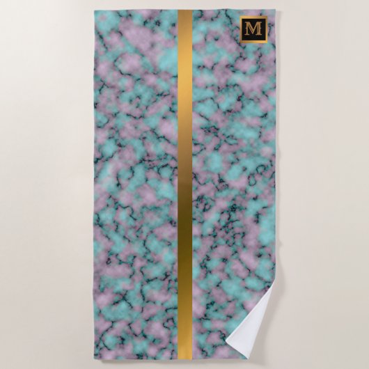 エレガントモノグラムのモダン大理石ブラック金ゴールド ビーチタオル (正面)