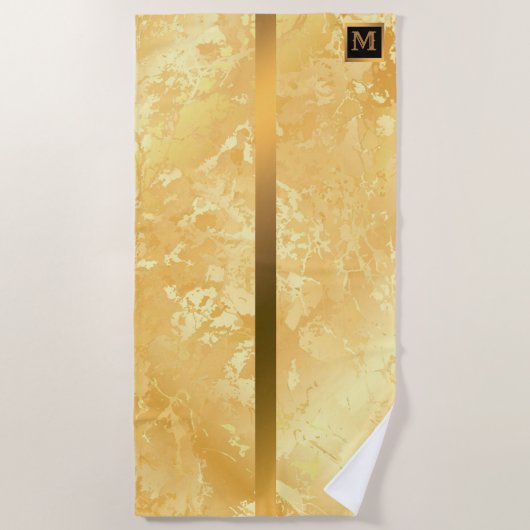 エレガントモノグラムのモダン大理石ブラック金ゴールド ビーチタオル (正面)