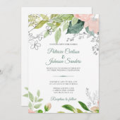 エレガントモノグラムの水色フローラ結婚 招待状 (正面/裏面)