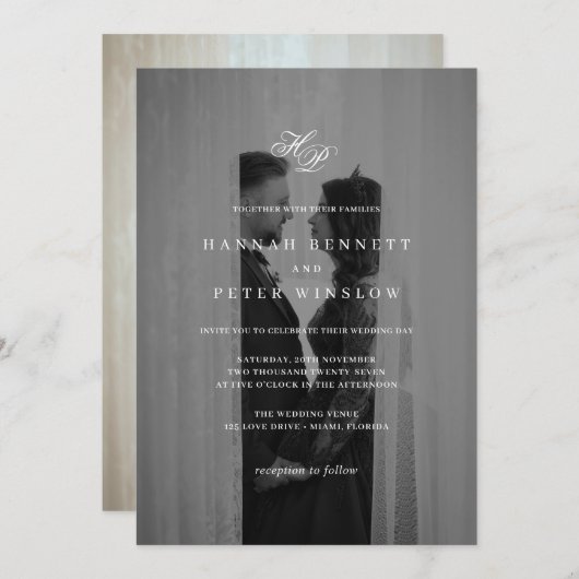 エレガントモノグラムイニシャルミニマル写真結婚の 招待状 (正面/裏面)