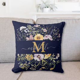 エレガントモノグラムカラフルワイルドフラワーガーデンフローラ クッション