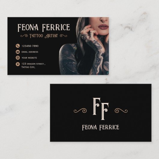 エレガントモノグラムセピアタトゥーアーティスト 名刺 (正面/裏面)