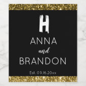 エレガントモノグラムモダンス結婚トの黒金ゴールド ワインラベル (シングルラベル)