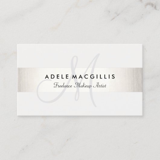 エレガントモノグラムモダン銀フェイク製ストライプ白 名刺 (正面)