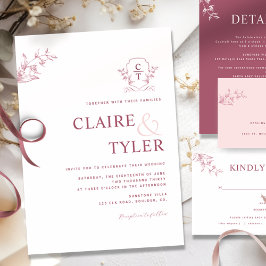 エレガントモノグラムモダン・ブルゴーニュ結婚ー 招待状