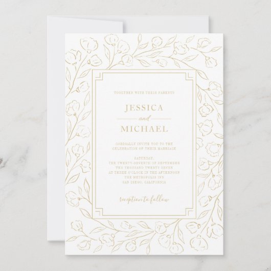 エレガントモノグラム白金ゴールドクラシックフローラ結婚ズ 招待状 (正面)