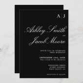 エレガントモノグラム黒と白結婚の 招待状 (正面/裏面)