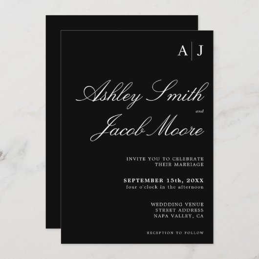 エレガントモノグラム黒と白結婚の 招待状 (正面/裏面)