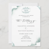 エレガントモノグラム、シルバーセージ水の色結婚の 招待状 (正面)