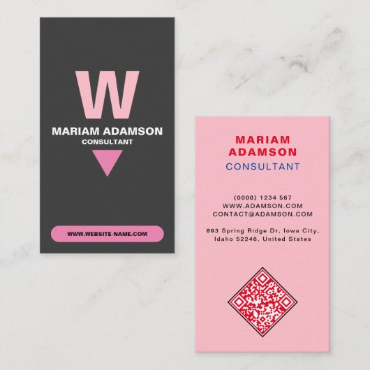 (エレガントモノグラムQRコード)ピンク&マットブラック 名刺 (正面/裏面)
