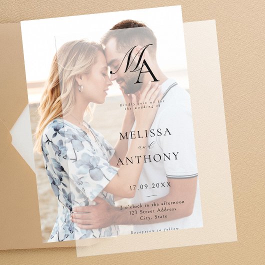 エレガントモノグラモダンムミニマル結婚リスト ベラム紙招待状